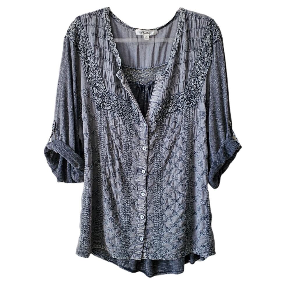 Women Solitaire Gray Embroidered Boho Top Blouse 1X Hippie Lagenlook Artsy Fluid